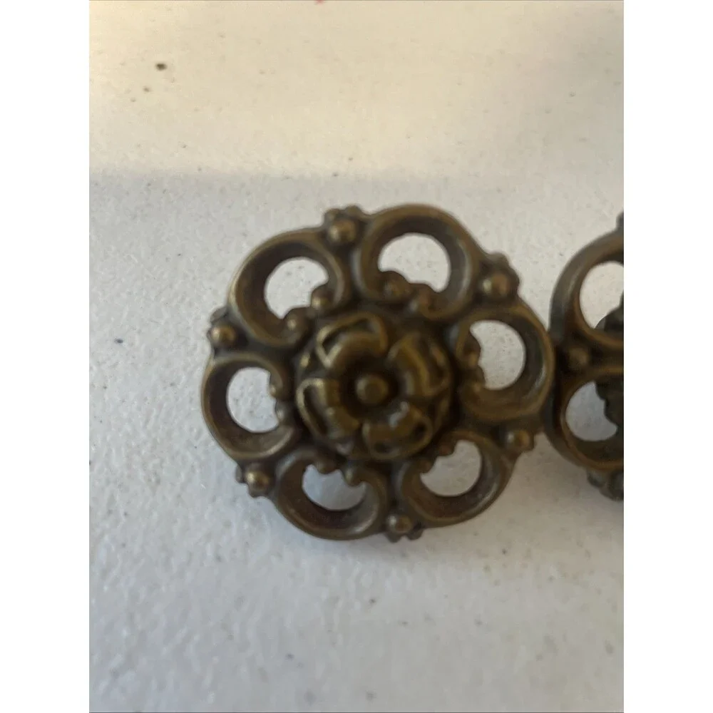 Vintage Ornate Brass Floral Cabinet Knobs Pair 1.5 Inches Pierced Filigree